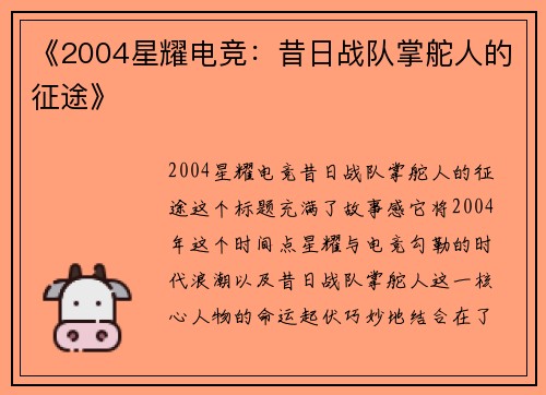 《2004星耀电竞：昔日战队掌舵人的征途》
